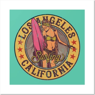 Los Angeles Girl surfing california distressed Posters and Art